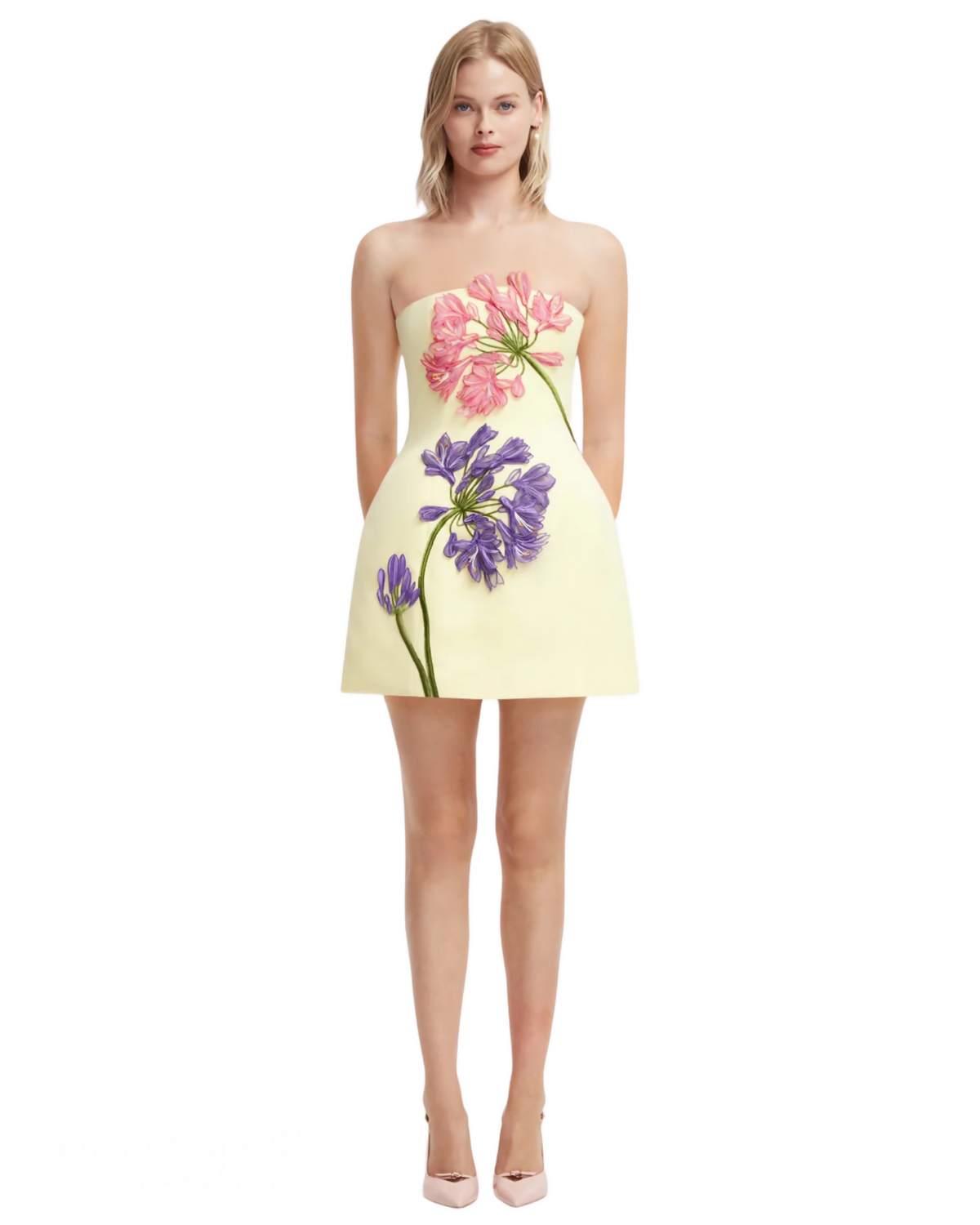 Leo Lin Roselle Appliqué Bustier Mini Dress Agapanthus Print