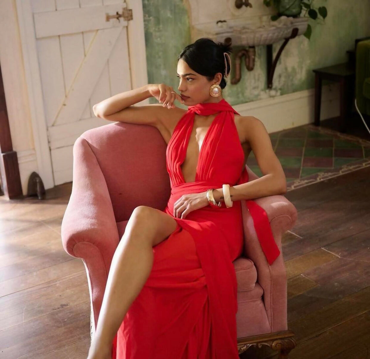 calia maxi dress Nicholas Calia V-neck Draped Maxi Dress | Red