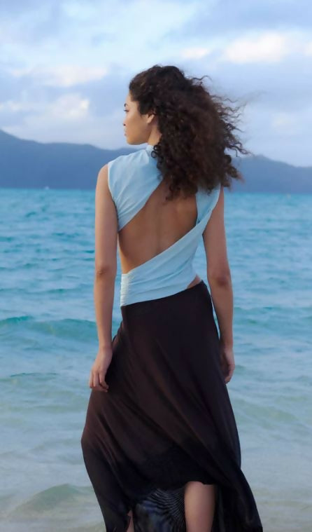 Bec and Bridge Conni Asym Midi Dress in Arctic Blue and Chocolate Size 6 & 8