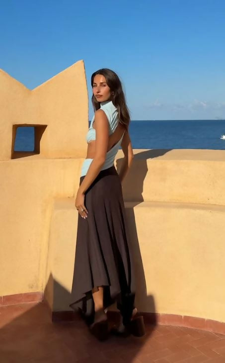 Bec and Bridge Conni Asym Midi Dress in Arctic Blue and Chocolate Size 6 & 8