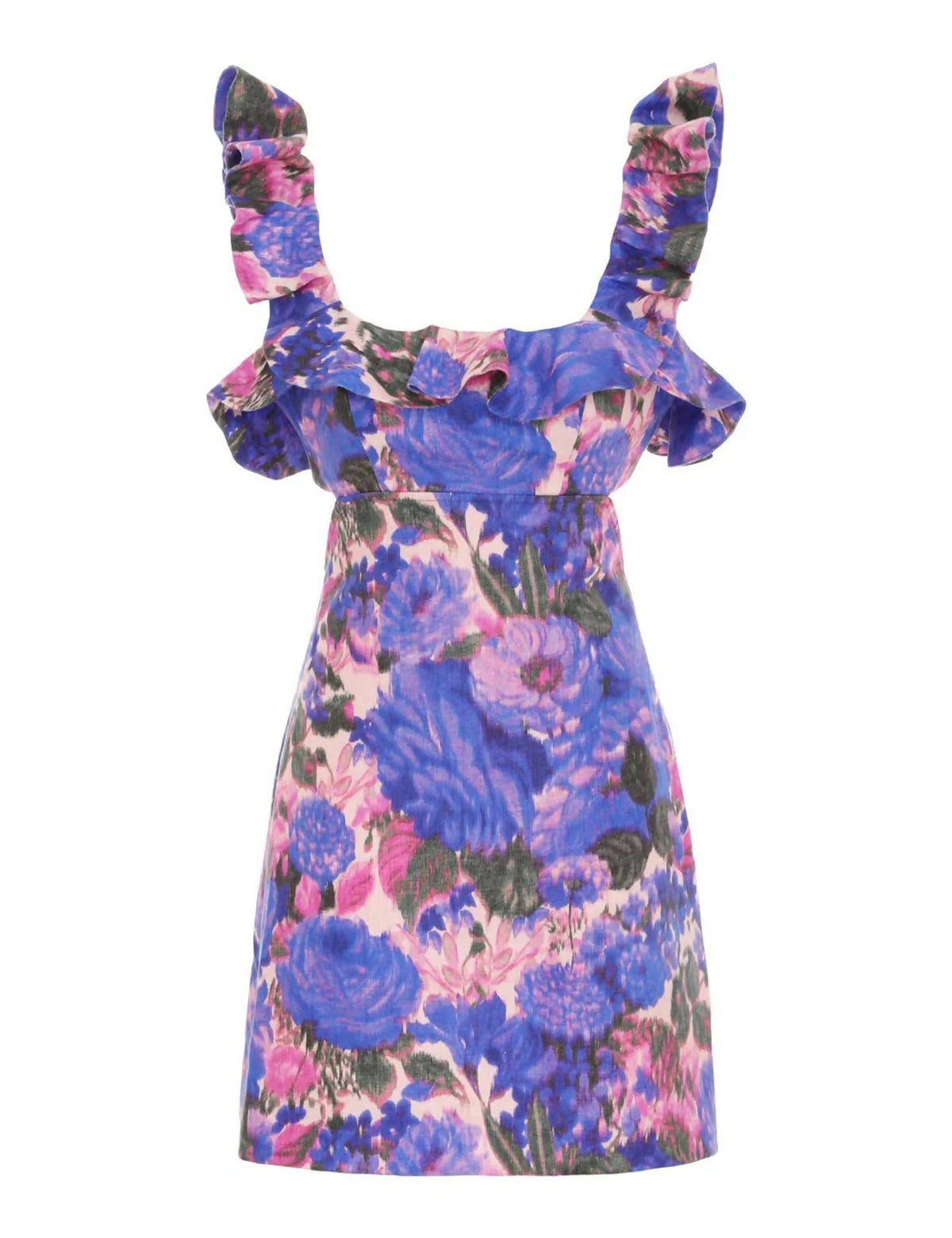 Zimmermann High Tide Frilled Mini Dress Purple Ikat Floral