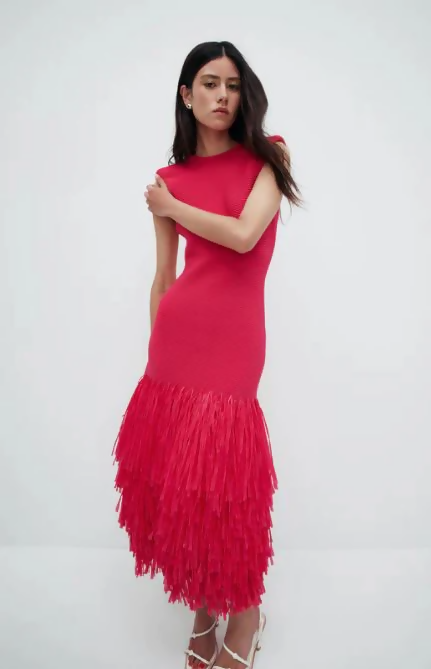 Aje Rushes Raffia Midi Dress in Deep Fuschia