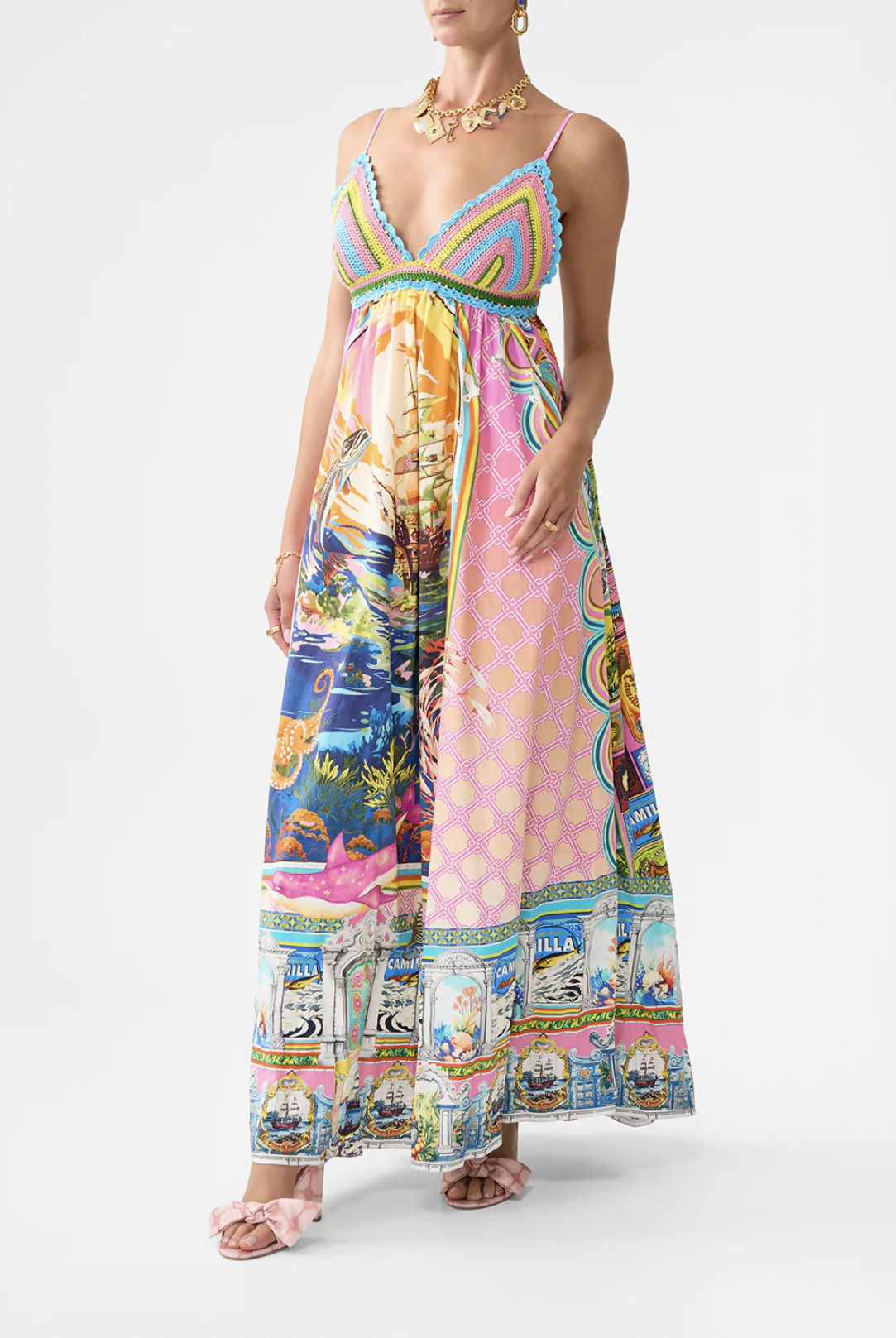 Camilla Bralette Detail Dress in Salty Splendour Size L / AU 12