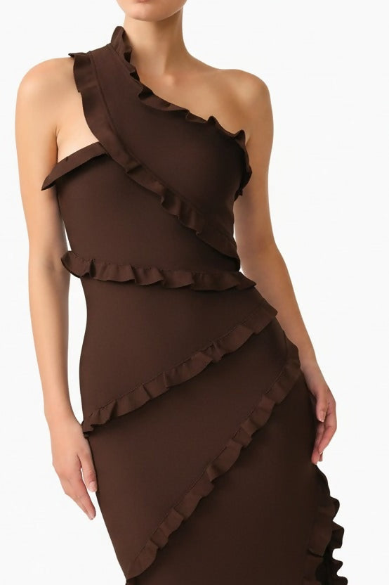 Elliatt Floriana Asymmetric Neck Gown Brown