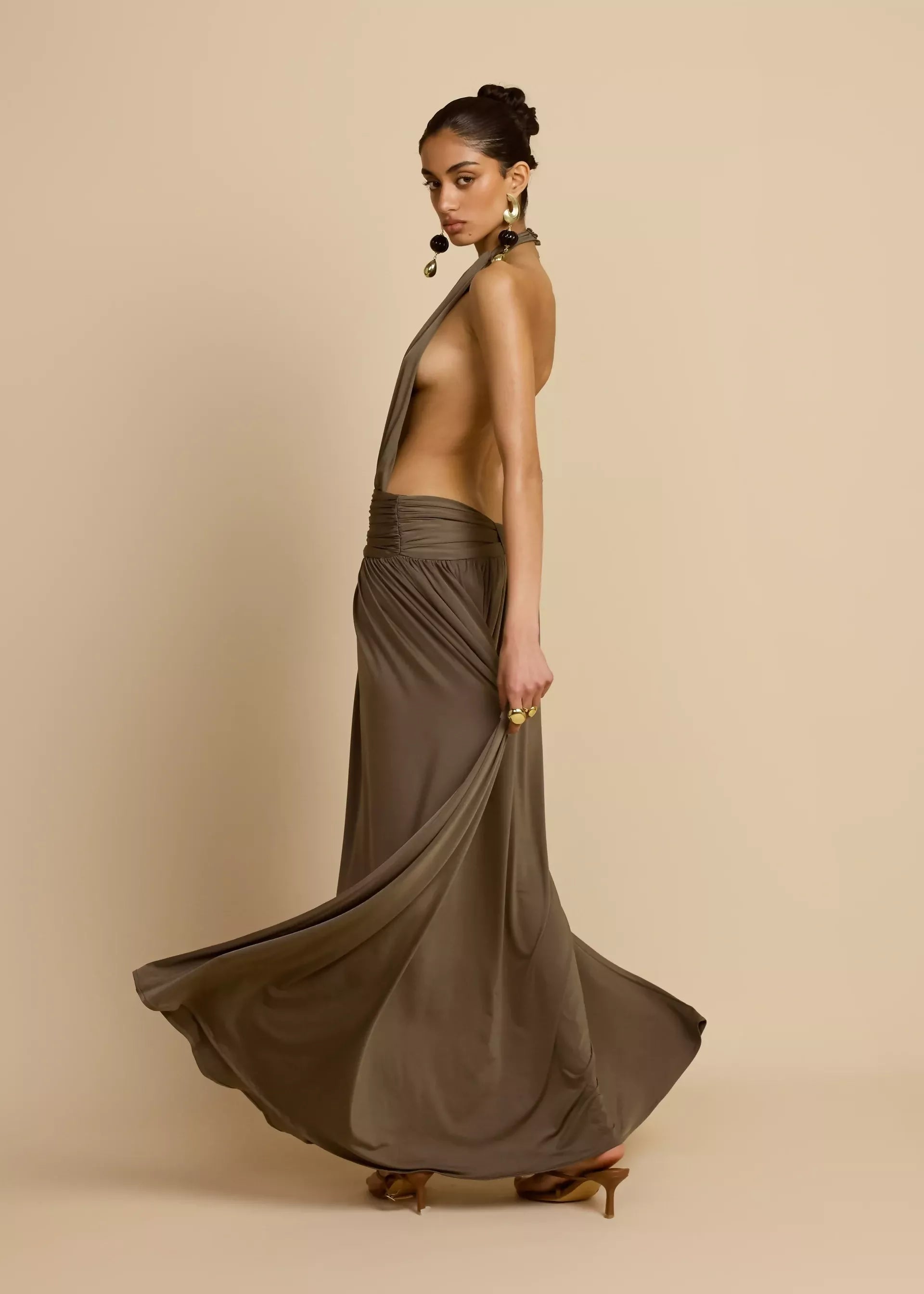 Arcina Ori Satina Maxi Dress in Khaki Size XS, S & M