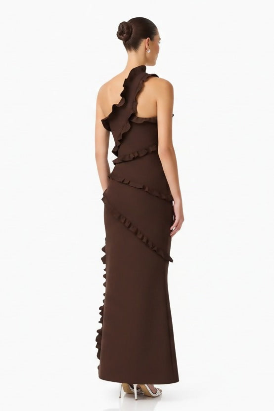 Elliatt Floriana Asymmetric Neck Gown Brown