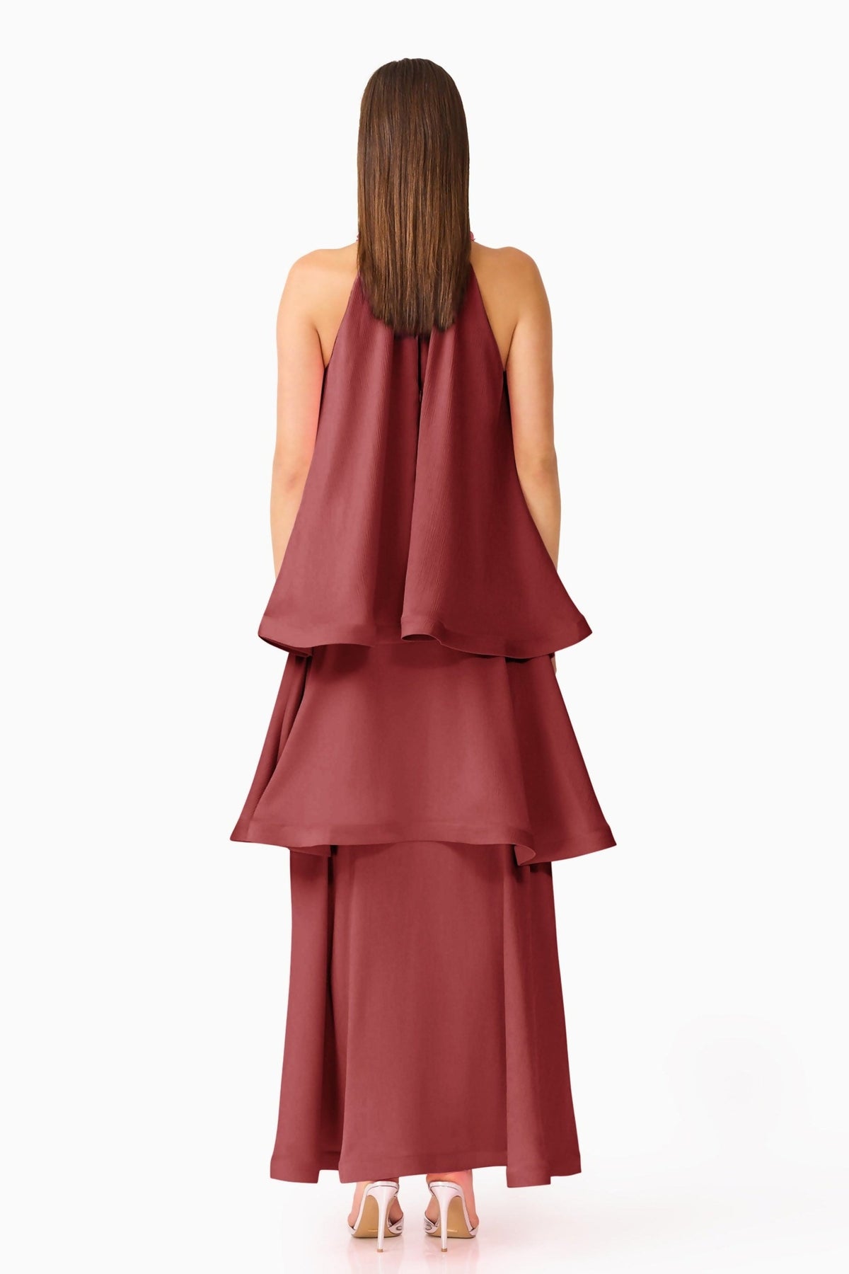 Elliatt Calista Ruffle Neck Tiered Gown Burgundy