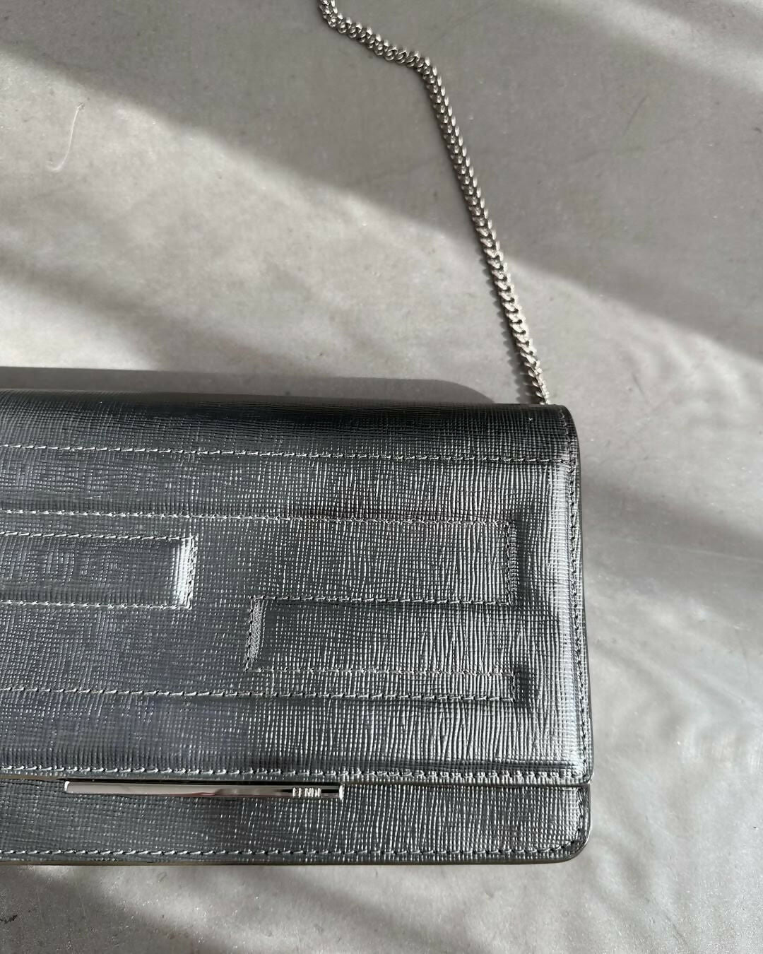 Fendi Metallic Silver Leather Tube Wallet On Chain