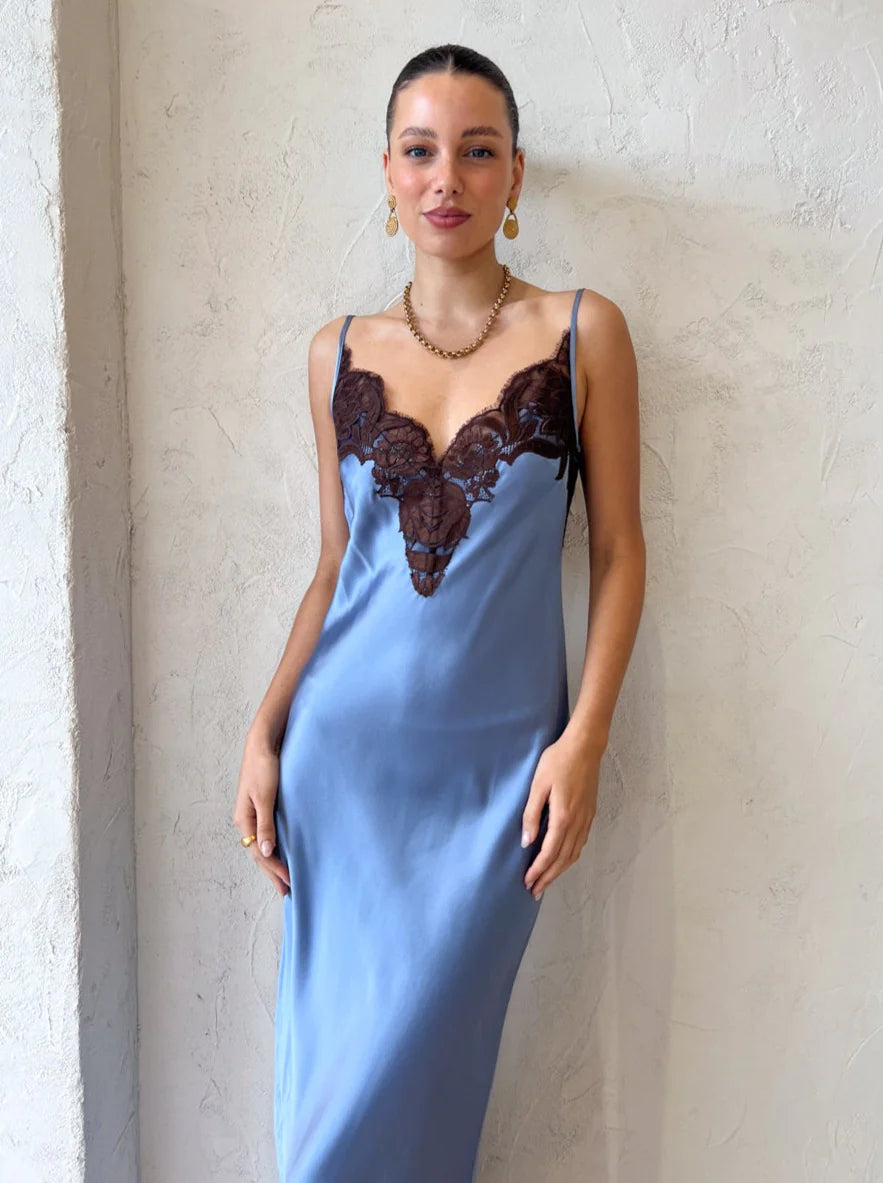 SIR the Label Danseurs Lace Slip Dress in Bleue