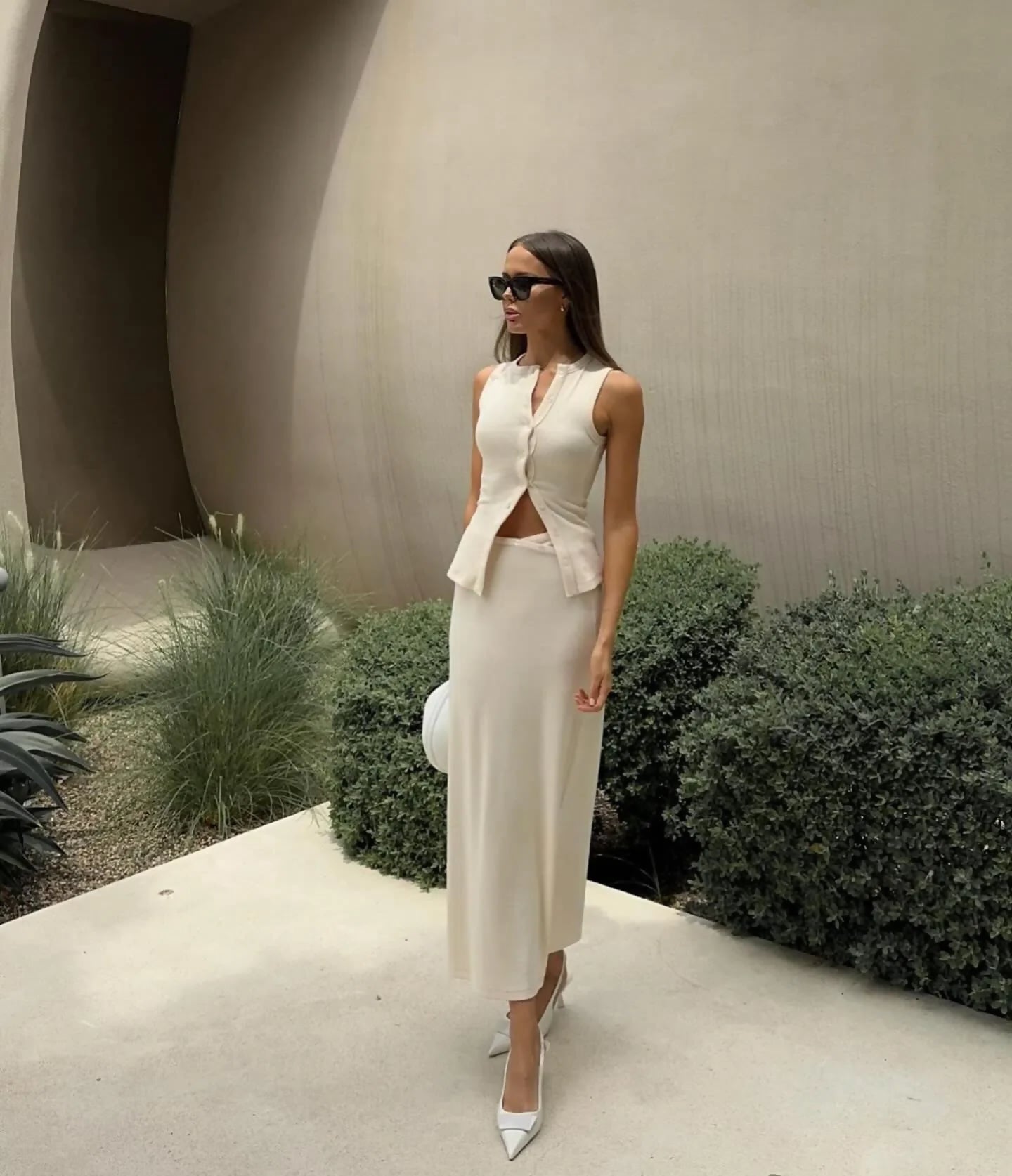 Kookai Bec Button Tank and Carter Skirt Butter / Cream