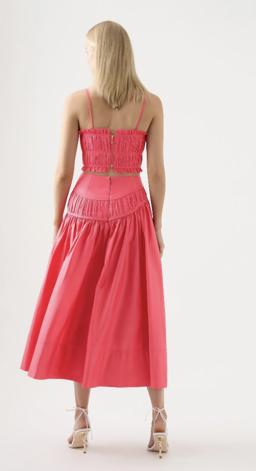 AJE Pepper Ruched Crop Bodice size 14 & Curve Midi Skirt Rouge Pink size 12