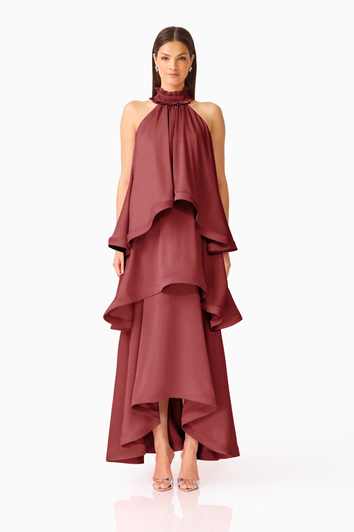 Elliatt Calista Ruffle Neck Tiered Gown Burgundy