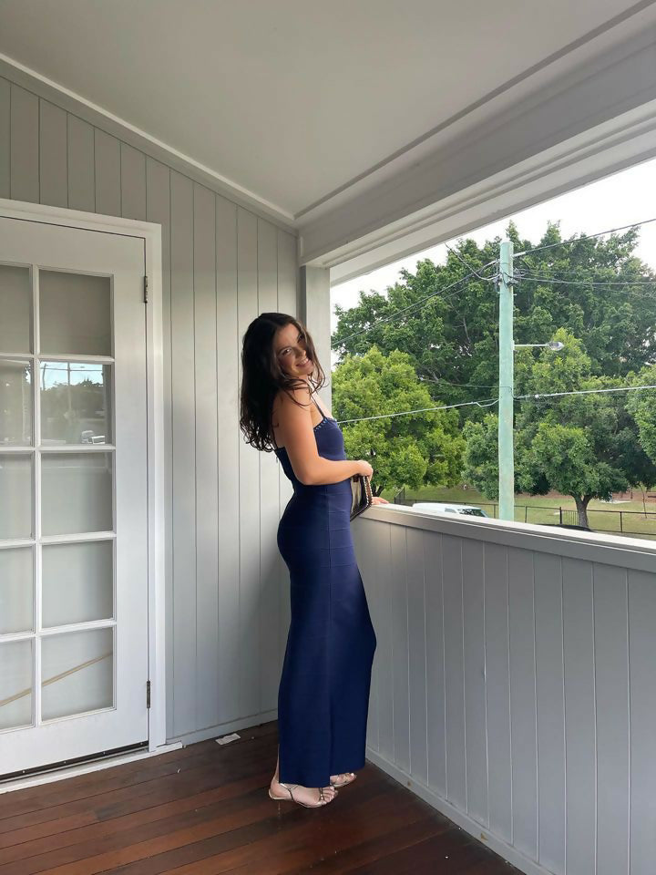 Herve Leger Crystal Embellished Navy Gown