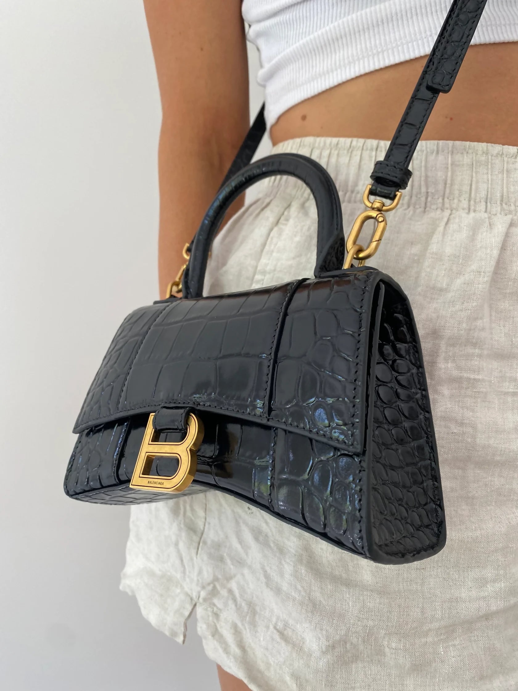 Balenciaga XS Hourglass Top Handle in Blk/Gld