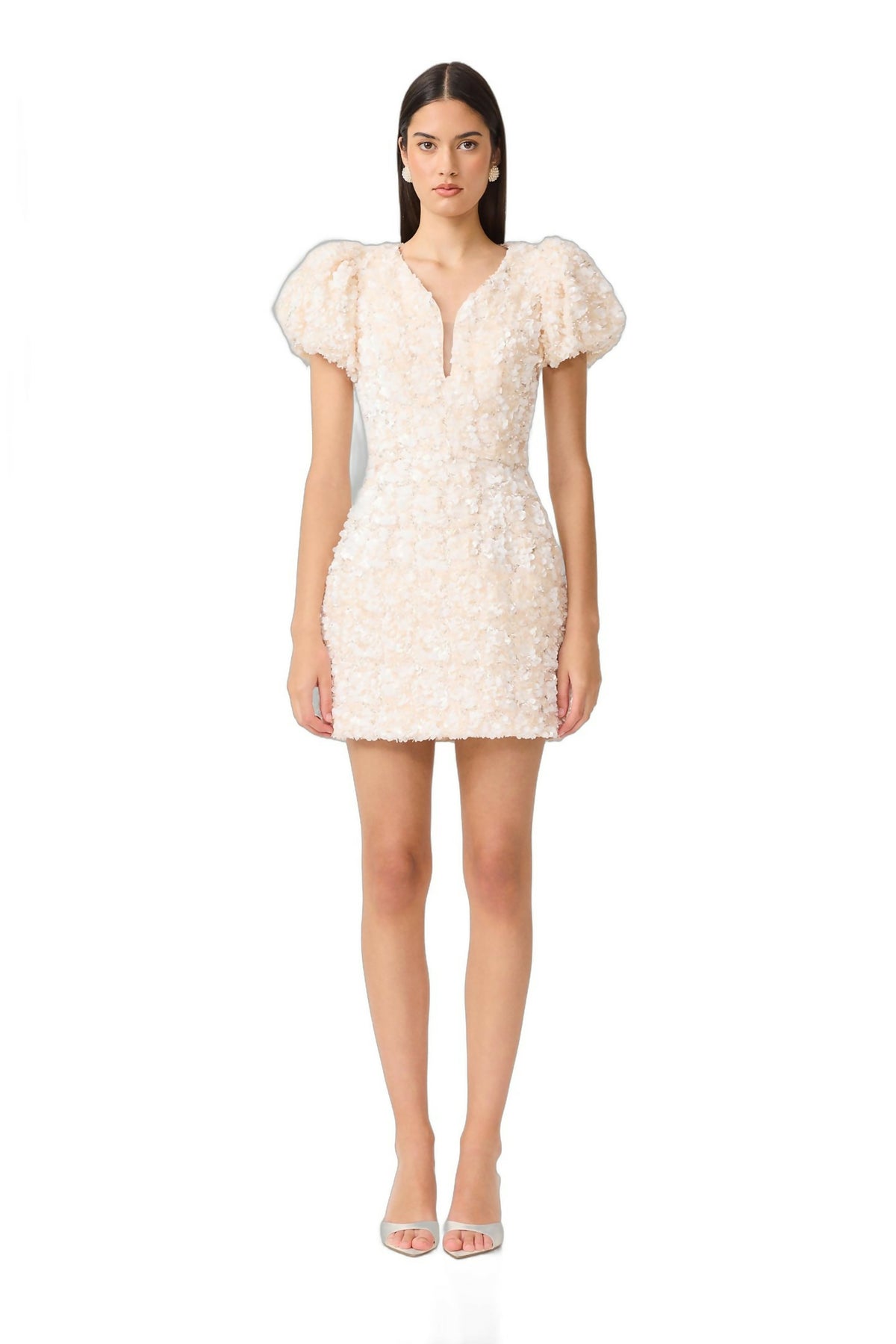 Elliatt Silvana Sequin Puff Sleeve Mini Dress Cream Size M
