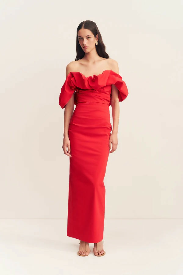 Shona Joy Campbell Off Shoulder Bubble Maxi Dress Red Size 8, 10 & 12