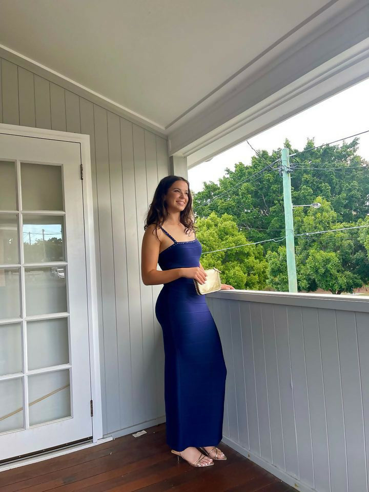 Herve Leger Crystal Embellished Navy Gown