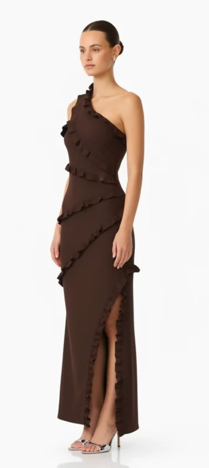 Elliatt Floriana Asymmetric Neck Gown Brown