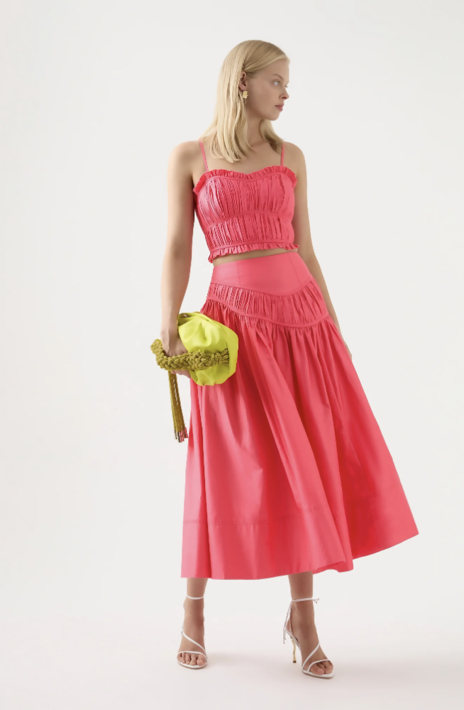AJE Pepper Ruched Crop Bodice size 14 & Curve Midi Skirt Rouge Pink size 12