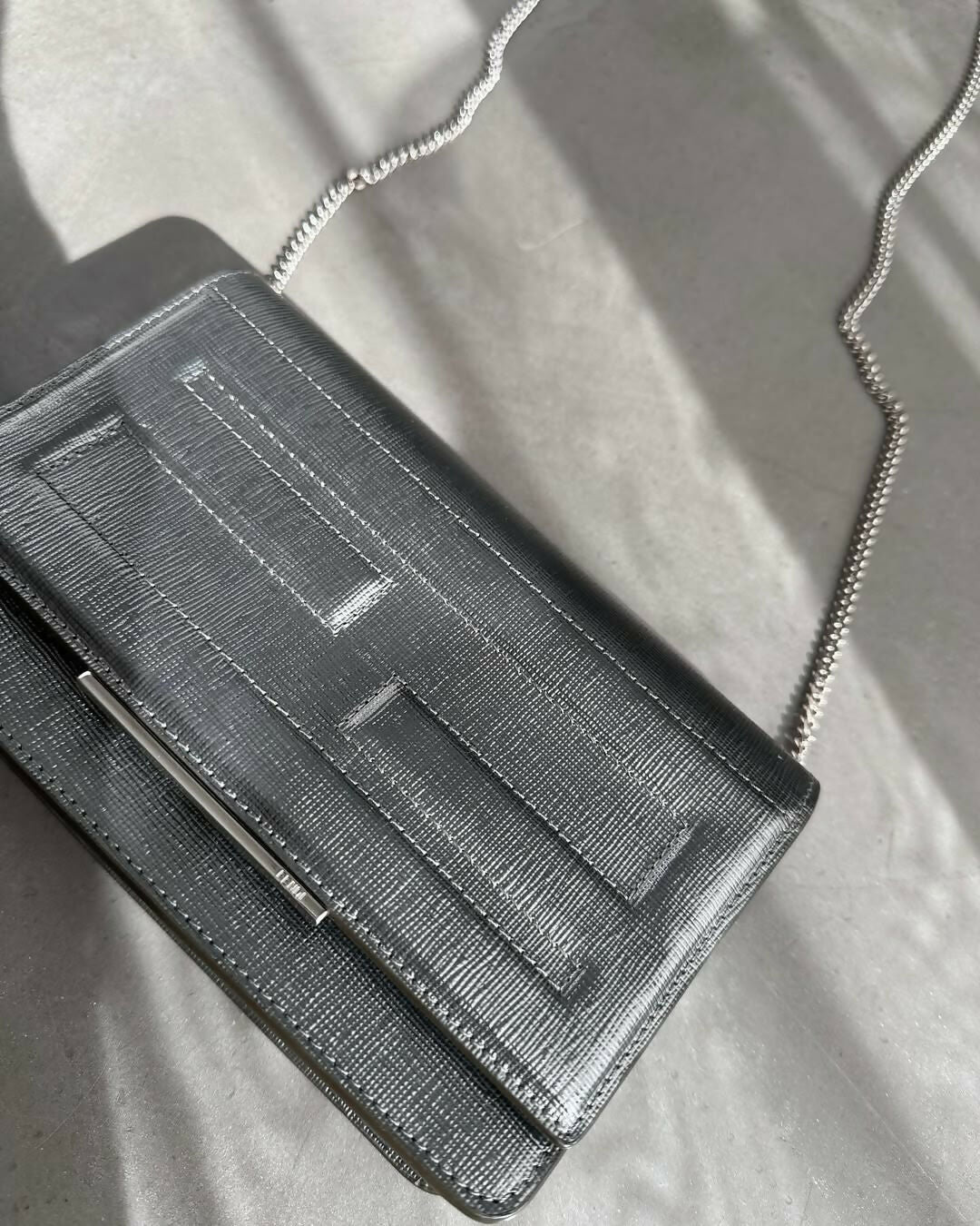 Fendi Metallic Silver Leather Tube Wallet On Chain