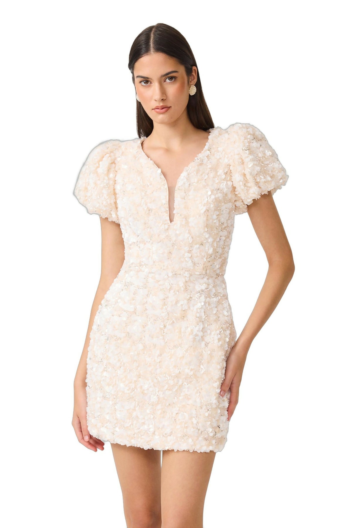 Elliatt Silvana Sequin Puff Sleeve Mini Dress Cream Size M