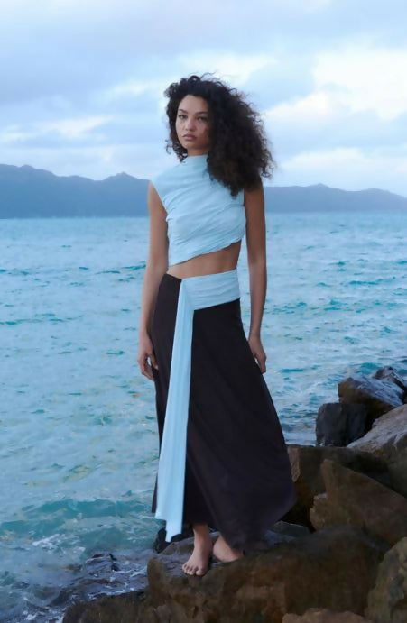 Bec and Bridge Conni Asym Midi Dress in Arctic Blue and Chocolate Size 6 & 8