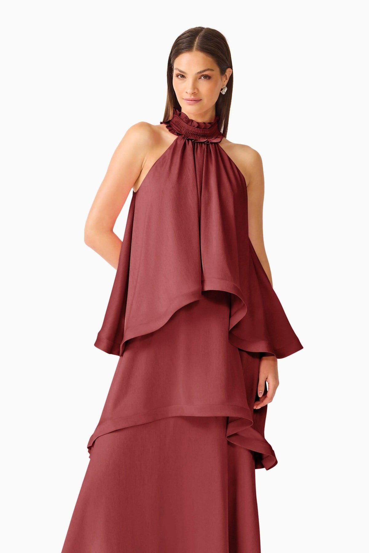 Elliatt Calista Ruffle Neck Tiered Gown Burgundy