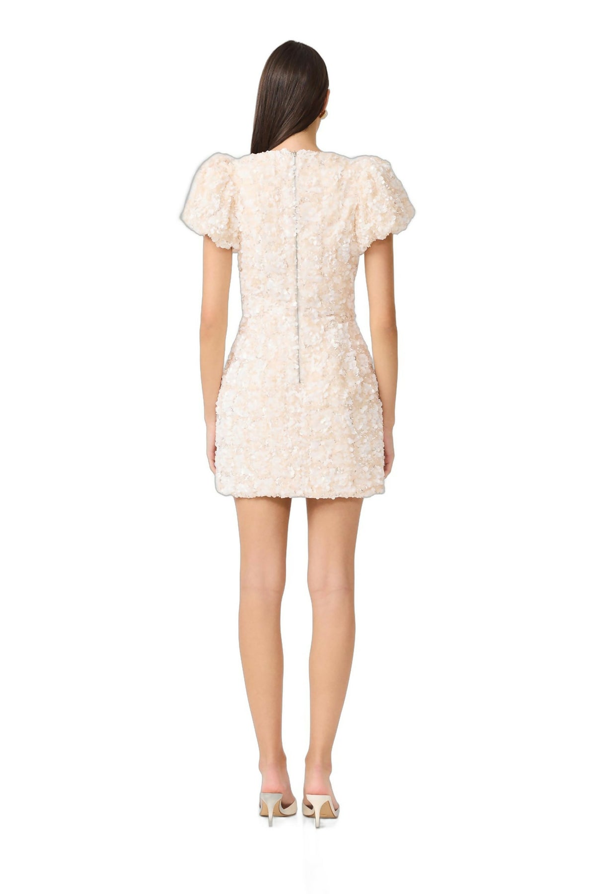 Elliatt Silvana Sequin Puff Sleeve Mini Dress Cream Size M