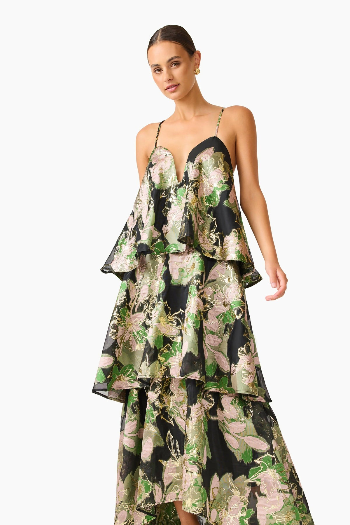 Elliatt Florayne Tiered Maxi Dress Black Green Floral