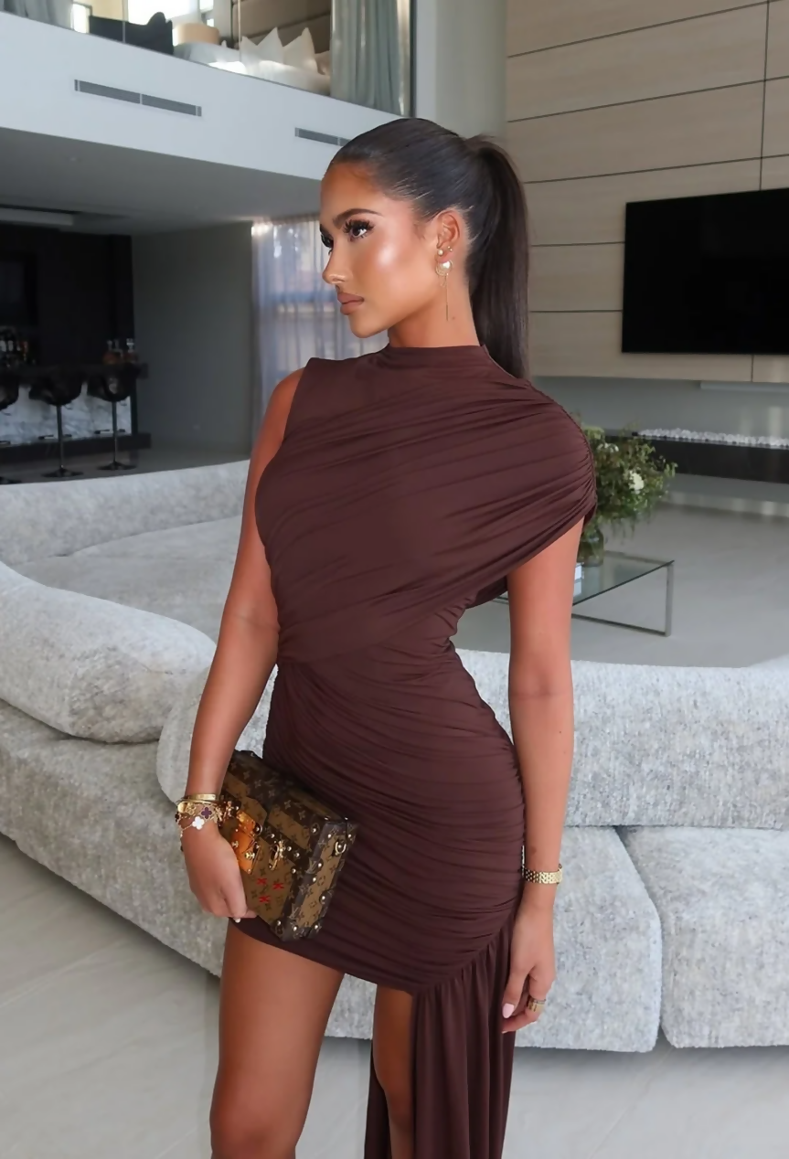 De La Vali Ravenna Mini Dress in Chocolate Brown Jersey Size XS