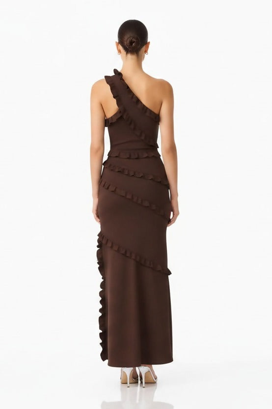 Elliatt Floriana Asymmetric Neck Gown Brown