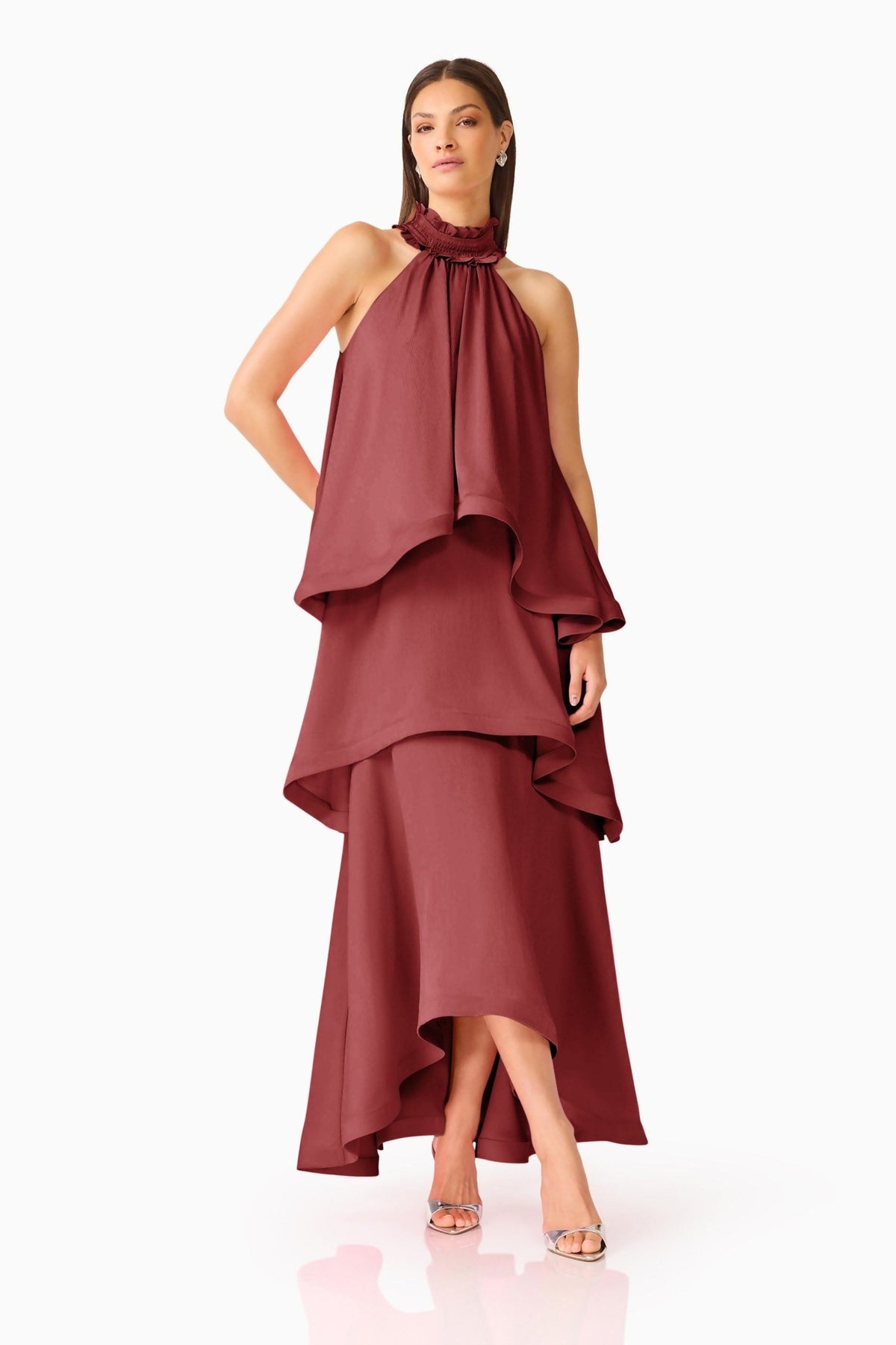 Elliatt Calista Ruffle Neck Tiered Gown Burgundy