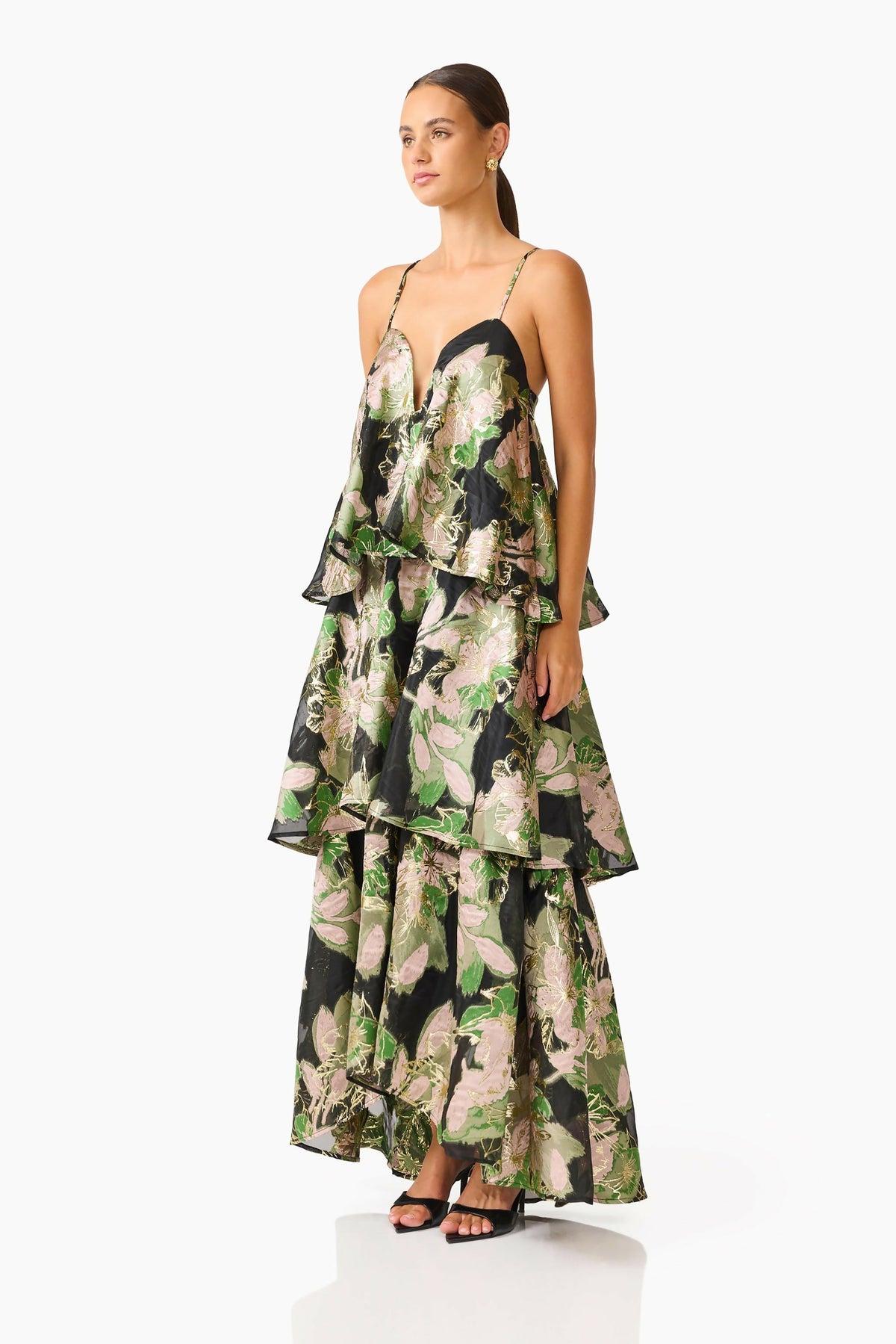Elliatt Florayne Tiered Maxi Dress Black Green Floral