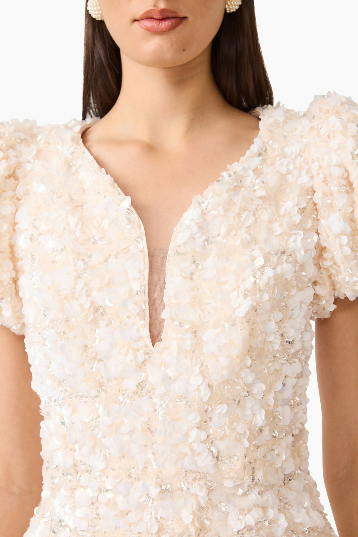 Elliatt Silvana Sequin Puff Sleeve Mini Dress Cream Size M