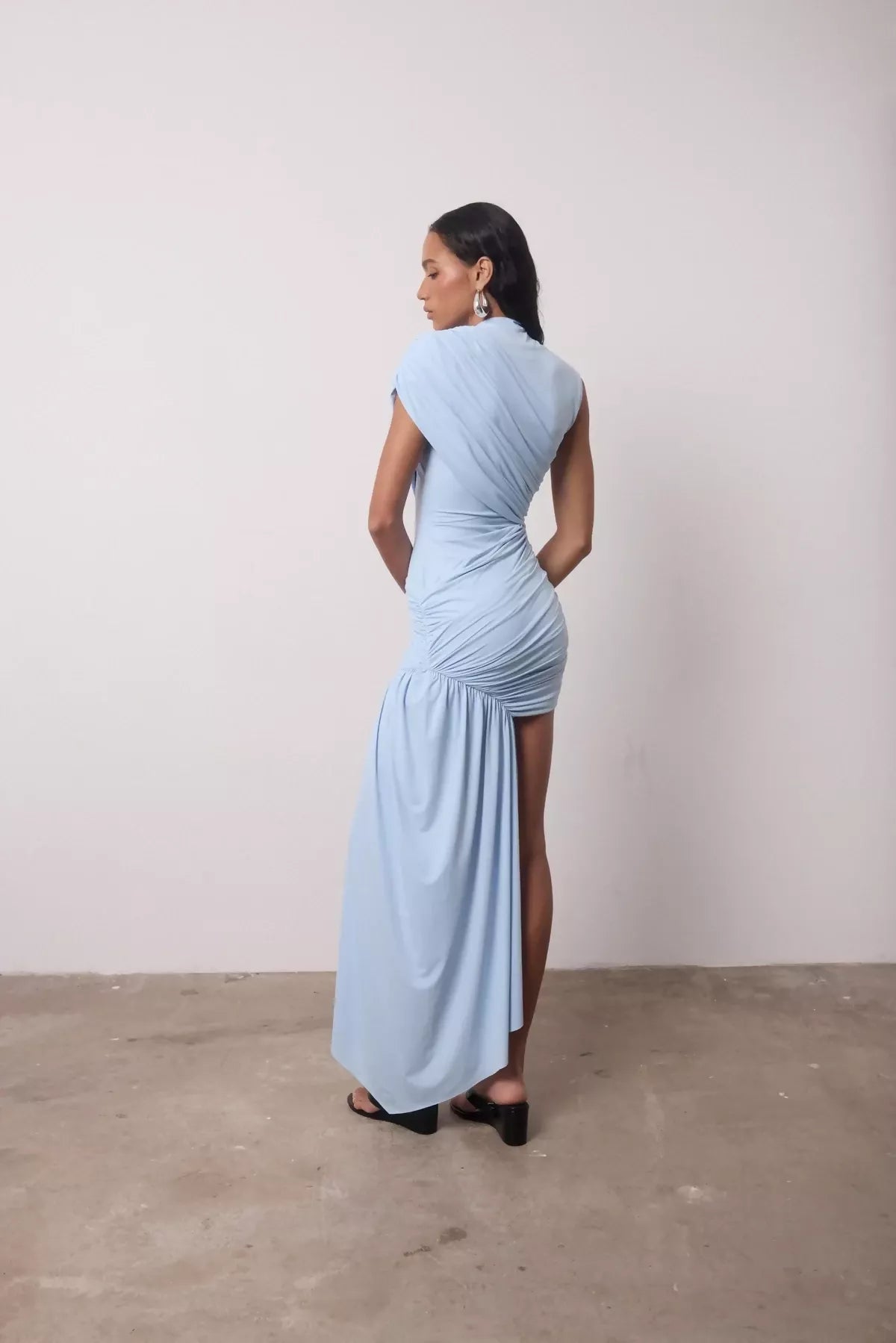 De La Vali Ravenna Drape Stretch Mini Dress Sky Blue Size S