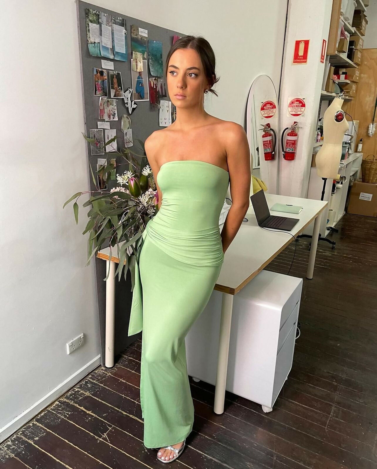 Odysseus & Penelope Raped Strapless Bamboo Dress in Soft Moss