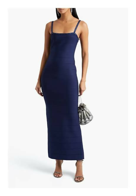 Herve Leger Crystal Embellished Navy Gown