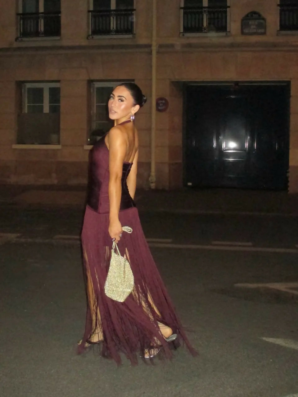 Meshki Tiffany Fringe Maxi Dress in Plum Size S