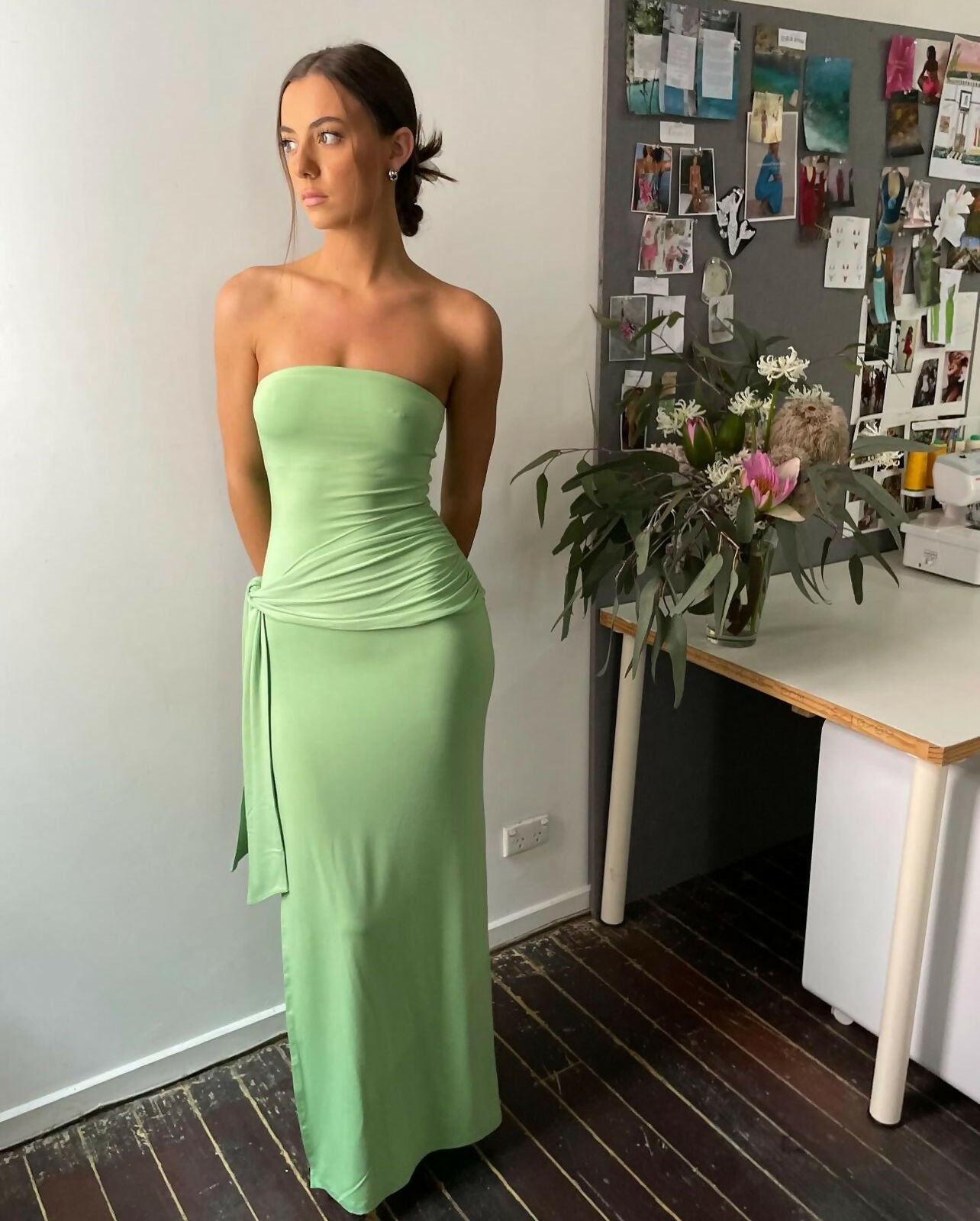 Odysseus & Penelope Raped Strapless Bamboo Dress in Soft Moss