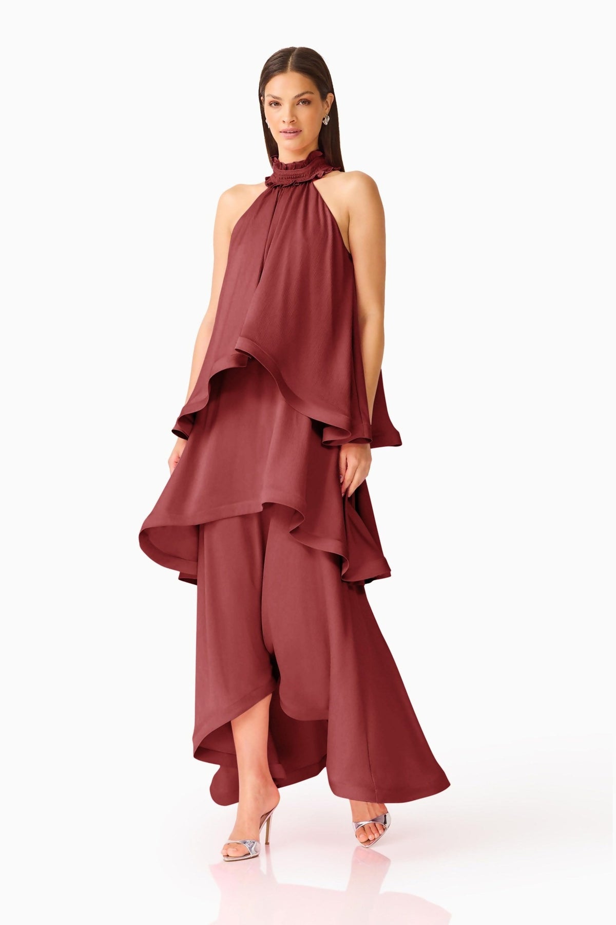 Elliatt Calista Ruffle Neck Tiered Gown Burgundy