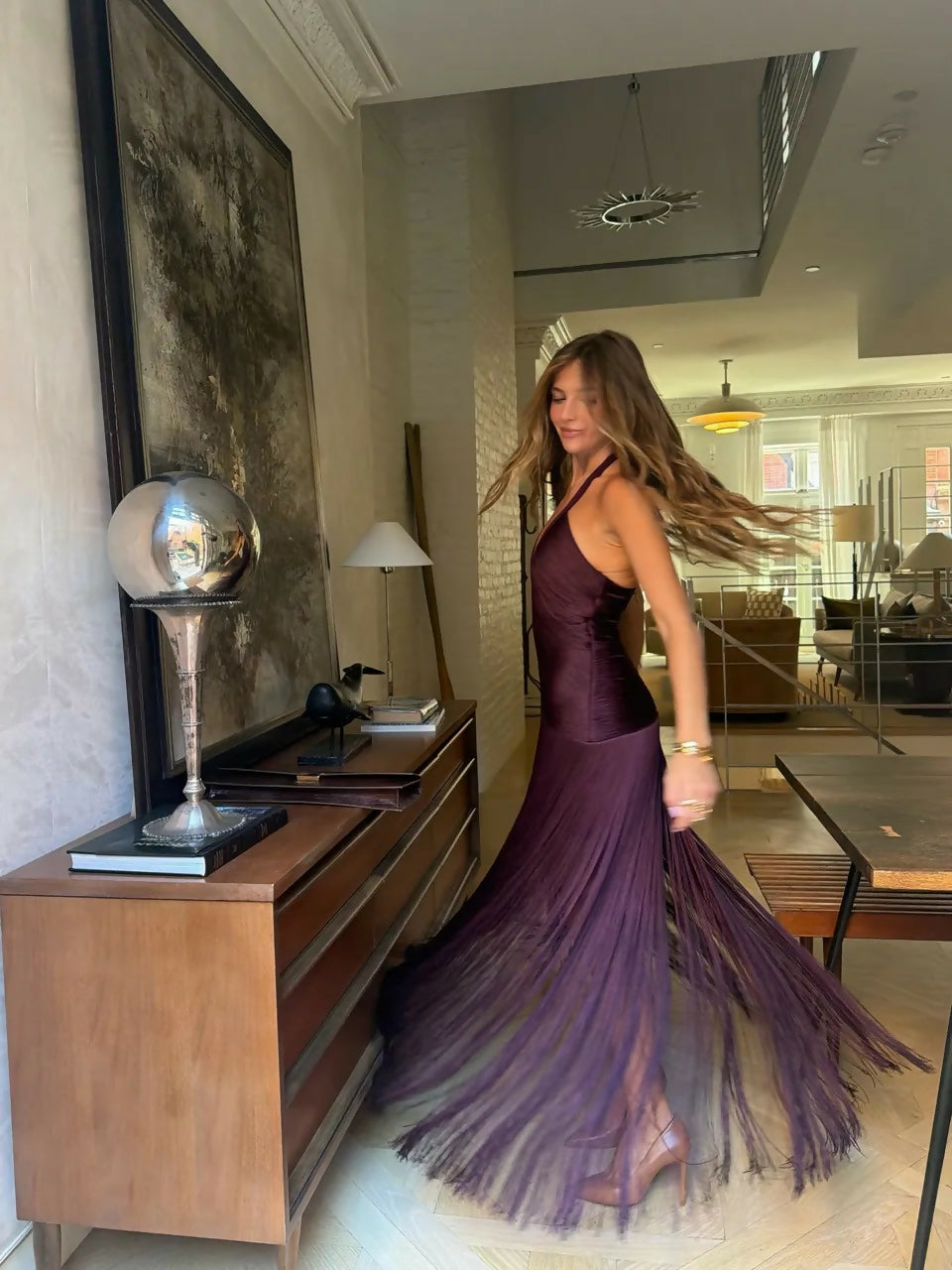 Meshki Tiffany Fringe Maxi Dress in Plum Size S